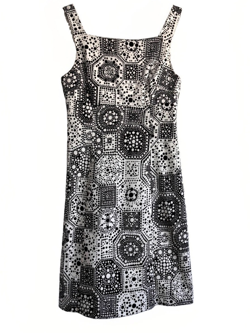 $298 Trina Turk Sz 8 Shift Midi Dress Black White Geo Sleeveless